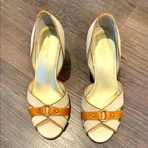 Liz Claiborne Cream and Tan Open-Toe Heels